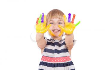 Small girl with yellow paint on her palms isolated on white
