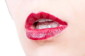 Woman open mouth and lips with red lipstick
