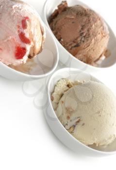 Ice Cream Assortment In White Bowls,Close Up