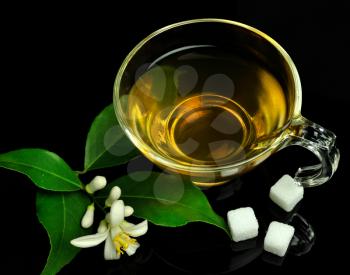 cup of green tea with lemon flowers on a black background 