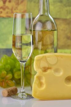 Wine ,grape and cheese , close up shot