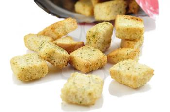 seasoned croutons with bag , close up