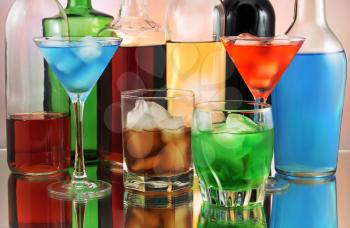 variety of alcoholic drinks , close up