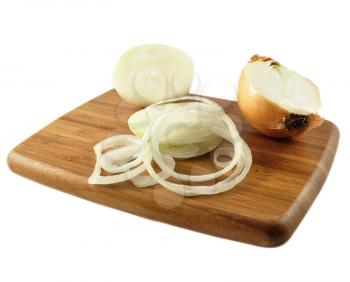 onions on a cutting board on white background 
