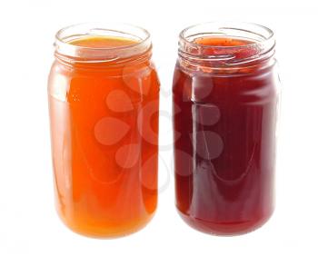  jars  of apricot and strawberry jelly on white background