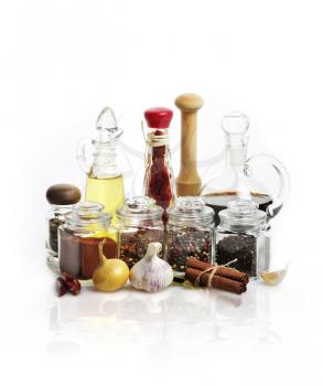  Spices,Cooking Oil And Vinegar On White Background