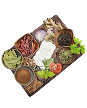 Cooking Ingredients On A Cutting Board Isolated On White Background