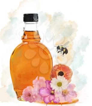 Watercolor Honey Bottle, Flowers And Bee