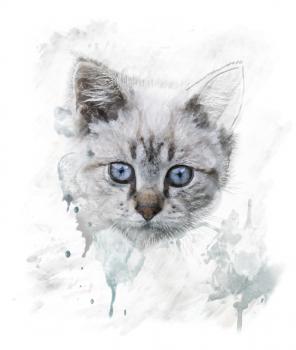 Watercolor Digital Painting Of  Young Cat 