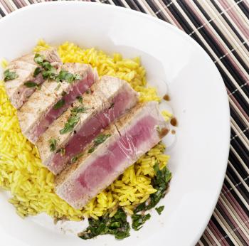 Ahi Tuna Steak With Rice and herbs sauce