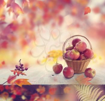 red apples in a basket and autumn leaves background