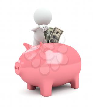 3d person with piggy bank on white background. computer generated image