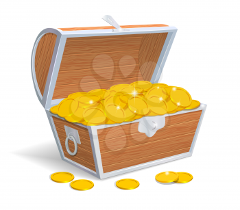 Wood chest full with gold coins. Vector illustration