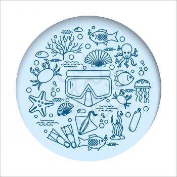 Diving icons set with fish and equipment. Vector