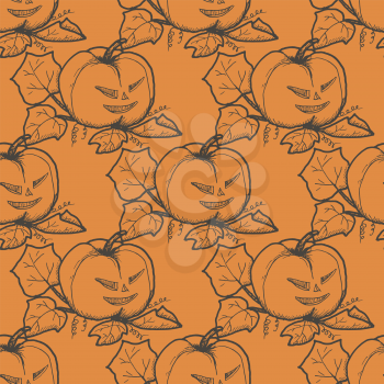 Hand drawn doodle Halloween pampkin pattern. Black pen objects drawing. Design illustration for poster, flyer over orange background.