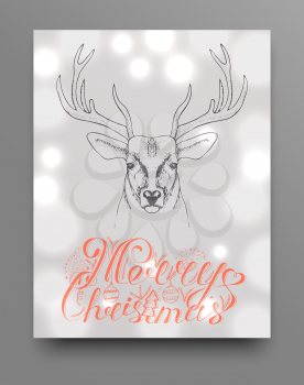 hand drawn deer head with horns. vector illustration. Christmas card