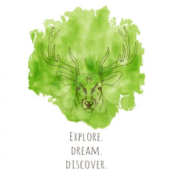 hand drawn deer head with horns. vector illustration. Christmas card