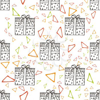 Hand drawn gifts with bows in cartoon style. Doodle seamless pattern with different presents.