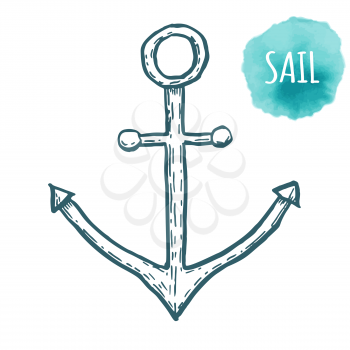 anchor drawing on white background. Hand drawn outline illustration.