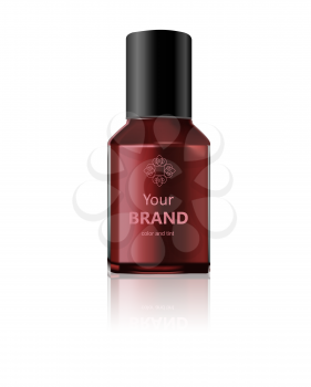 Round red glossy nail polish bottle with black cap. Realistic packaging mockup template. Front view. Vector illustration.