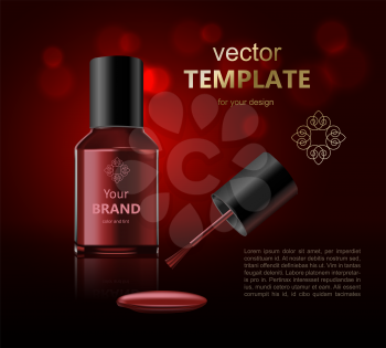 Round red glossy nail polish bottle with black cap. Realistic packaging mockup template. Front view. Vector illustration.