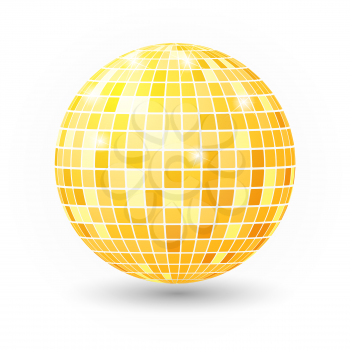 Disco ball isolated illustration. Night Club party light element. Bright mirror golden ball design vector template.