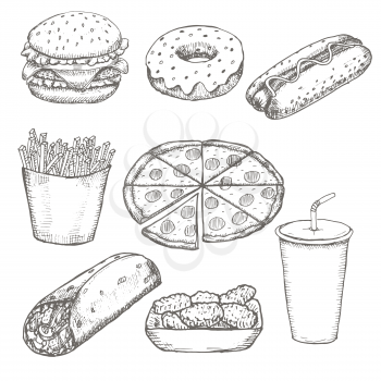 Fast food menu design set hand drawn vector. Illustration