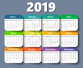 Calendar 2018 year vector design template in Spanish, Week starting on Sunday. EPS