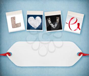 Love word made of four different objects, valentine's day concept, free space for your text