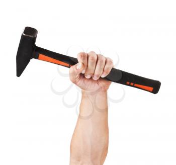 Hand holding a hammer, isolated on white