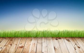 Fresh spring green grass with blue sky and wooden floor