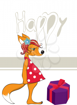 Royalty Free Clipart Image of a Fox With a Gift Under the Word Happy