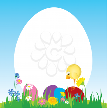 Royalty Free Clipart Image of a Baby Chick and Easter Eggs on the Lawn