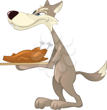 Royalty Free Clipart Image of a Wolf Carrying a Roasted Chicken