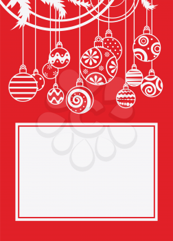 Royalty Free Clipart Image of Christmas Balls on a Red Background With Text Space