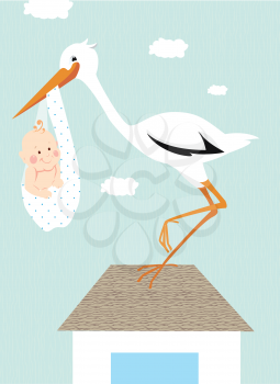 Stork and newborn baby on the roof