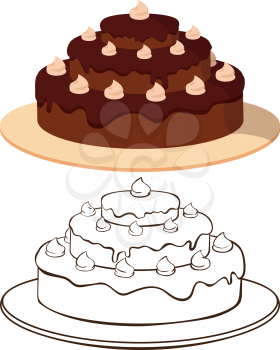 Cake on plate - color and outline illustration