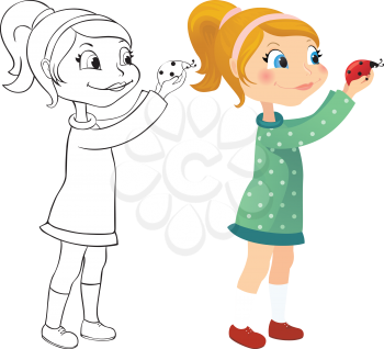 Girl and ladybug - color and outline illustration
