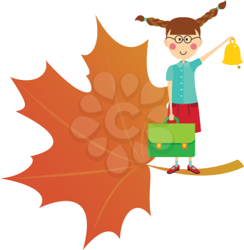 Schoolgirl with bell and autumn leaves