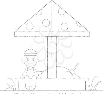 Kids activities outline illustration - boy playing in the sandbox