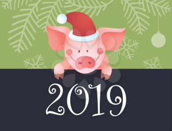 Happy New Year illustration. Funny piggy background with numbers. 2019 New Year is the year of the pig. Symbol of New Year 2019. Zodiac sign for calendar, invitation and celebration card.