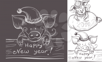 Happy New Year illustration. Funny piggy backgrounds set in pencil drawing style. 2019 New Year is the year of the pig. Symbol of New Year 2019. Zodiac sign for calendar, invitation and celebration card.