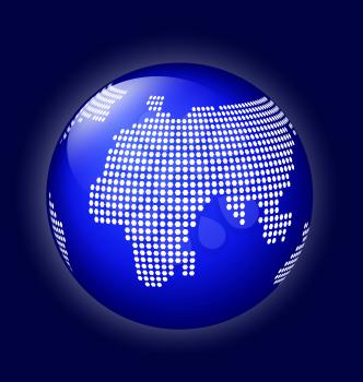 Blue globe symbol with white world map made of dots. Icon of Earth on dark blue background with back light.

