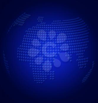 Vector blue globe with embossed world map on dark blue background.

