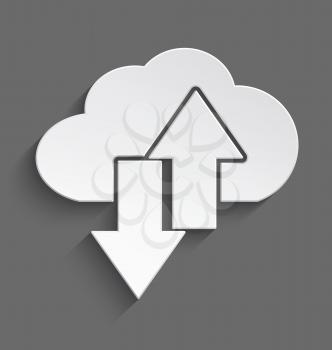 Vector illustration of white 3d cloud with up and down arrows with realistic shadow.