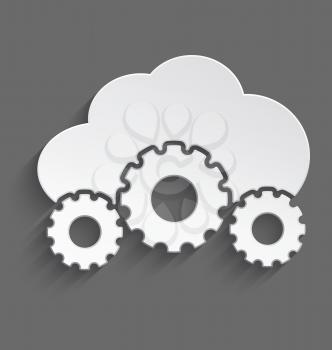 Vector illustration of white 3d cloud with cogs with realistic shadow.