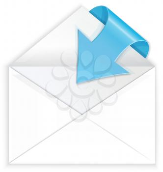 Vector illustration of white realistic envelope with blue shiny arrow symbol.