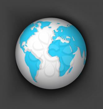 White globe symbol with blue world map on dark gray background with deep shadows. Icon of Earth isolated on white with realistic shadow.

