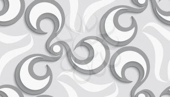 Seamless floral swirls background with cut out of paper effect on dark gray

