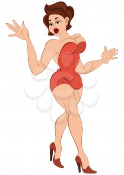 Illustration of cartoon female character isolated on white. Cartoon girl in mini red dress walking.




